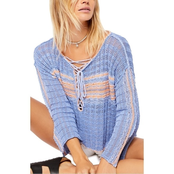 FREE PEOPLE Marina Bay Lace-Up Sweater in Sunset Combo Size Small Bell Sleeve - Picture 4 of 16